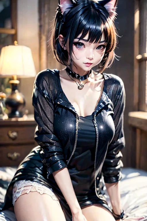 ultra detailed, masterpiece, best quality, photorealistic,1beatiful girl,cat girl,cat ears on head,cat taile,detailed amber eyes,slanted eyes,black short bob hair,hair over human ears, leather jacket wearover bikini,in room,detailed shadow,