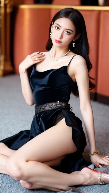 Beautuful Women，Chinese big breasts，black lence stockings，Sheer maroish skirt，Lying on the table，seductive appearance，White pedicure