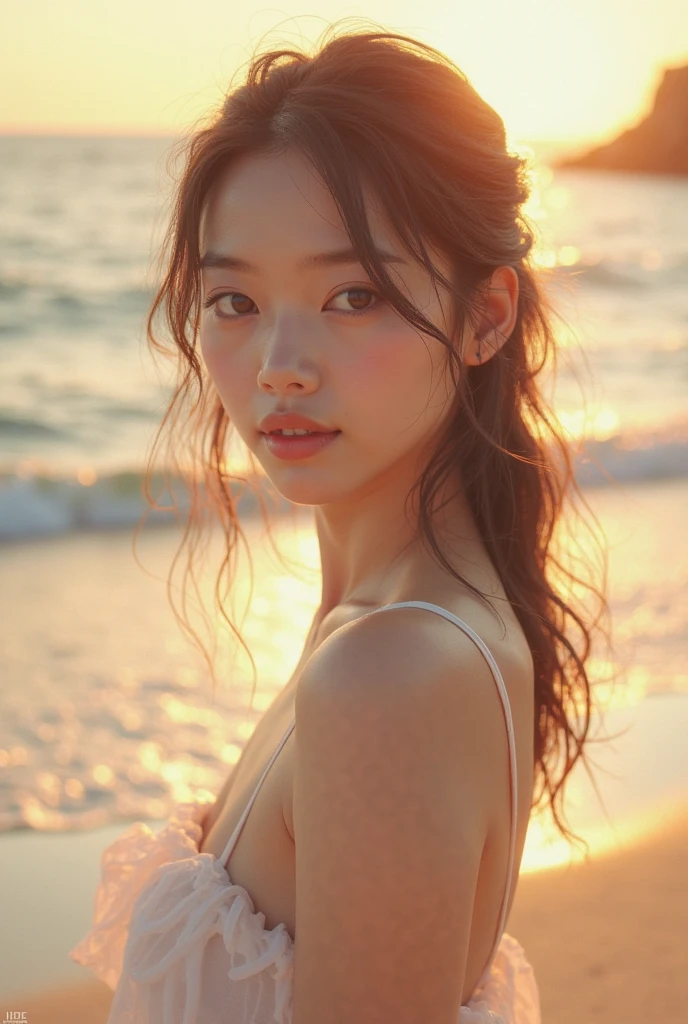 1 Realistic Pictures of Cute Korean Stars, Short ponytail, White skin, Thin makeup, 32 inch breast size, Wearing a camisole tank top, Walk by the beach, Sunset light, Upper body portrait, nffsw