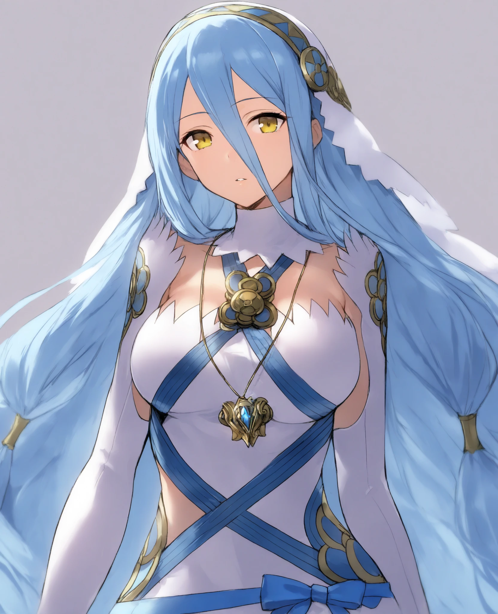 masterpiece, best quality, absurdres, 1girl, blue hair, yellow eyes,, azura, azura_fates, white dress, asymmetrical legwear, sitting, crossed legs, <lora:azura_v1:1>