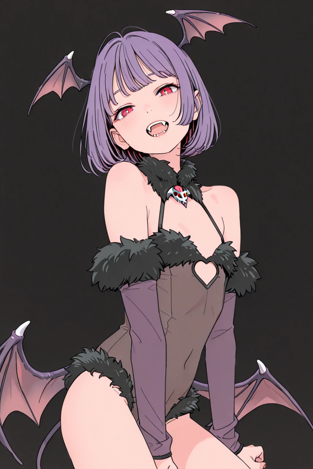 Vermilion,1 girl,alone,old,dress,Red eyes,large old,demon girl,looking at the viewer,short dress,turtleneck,sleeveless,bare shoulders,black dress,hair between the eyes,virgin killer sweater,multicolor fur,faded hair,evil smile,(purple hair:1.2),simple background,