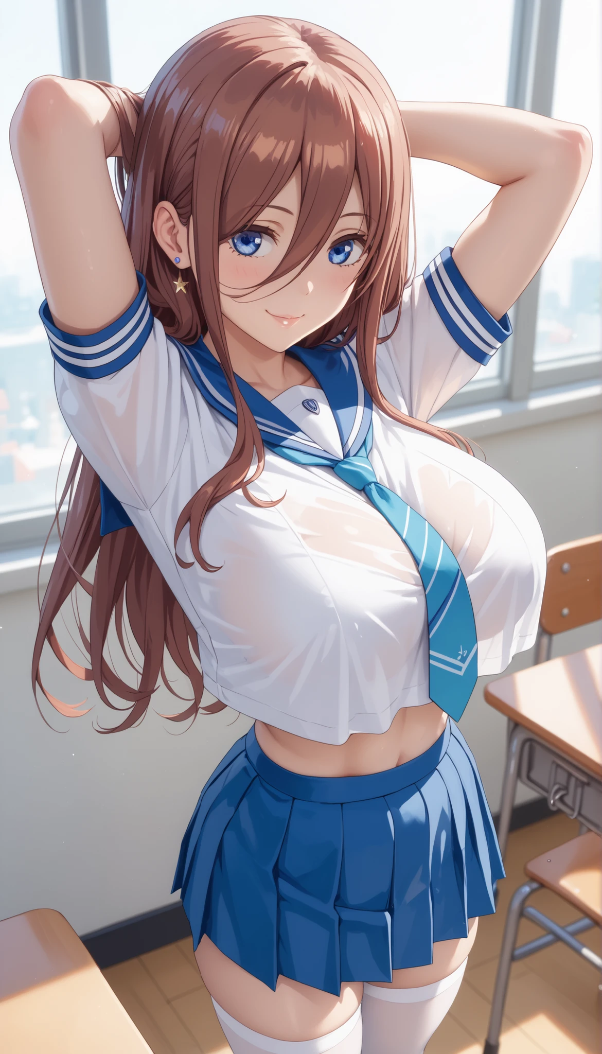 [1girl, hishi akebono \(umamusume\), umamusume], (throw_hand, pink vibrator remote switch in throw_hand, throw:1.2), Highest quality, Super detailed, masterpiece, Ultra-high resolution, 8K, Ridiculous, Cowboy Shooting, Blurred, One girl, Focus on the girl, Embarrassing, blush, Lovely, Close one eye, With tears in her eyes and her mouth open, What saliva leaves behind, Wet skirt hem, (Sticky panties:1.1), Bulging of the vibrator cord, Vibrator with Garters, (cleavage), Classroom Background, The skirt is accidentally exposed,(large breasts), (crop top navel), (waist line), Accidentally exposed panties