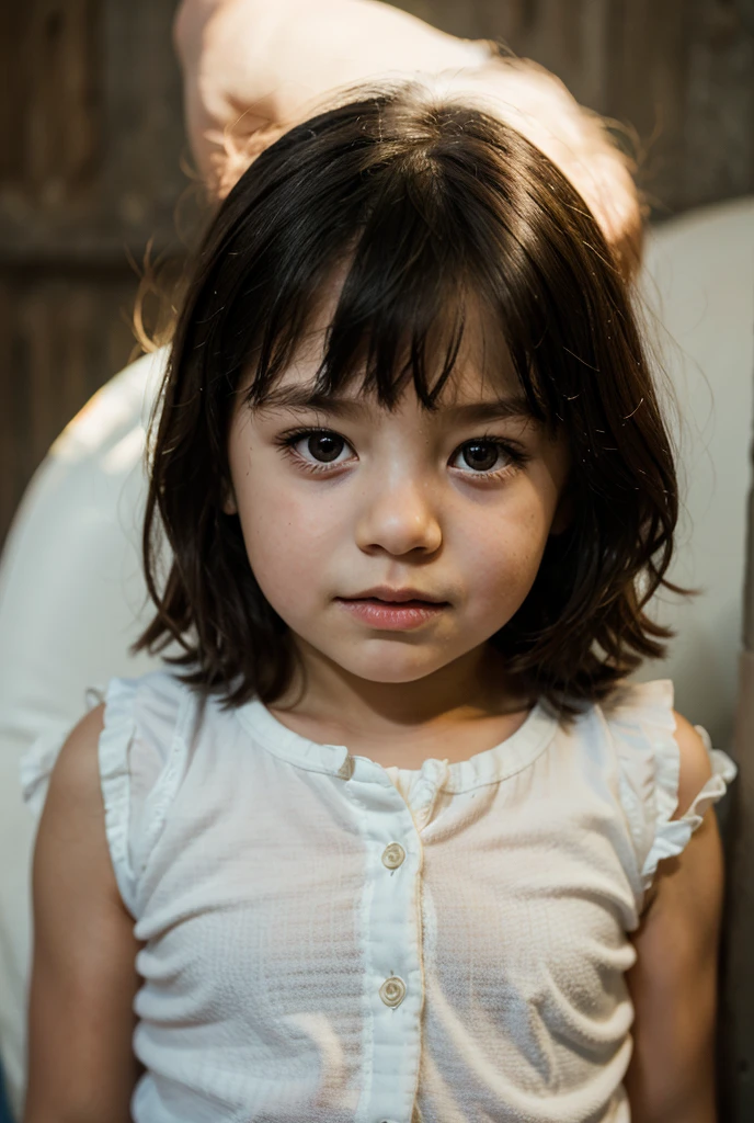 6 year old girl, small, upturned nose, wavy hair and medium length, collected in a high ponytail, brown and tanned skin, short negro, pink shirt