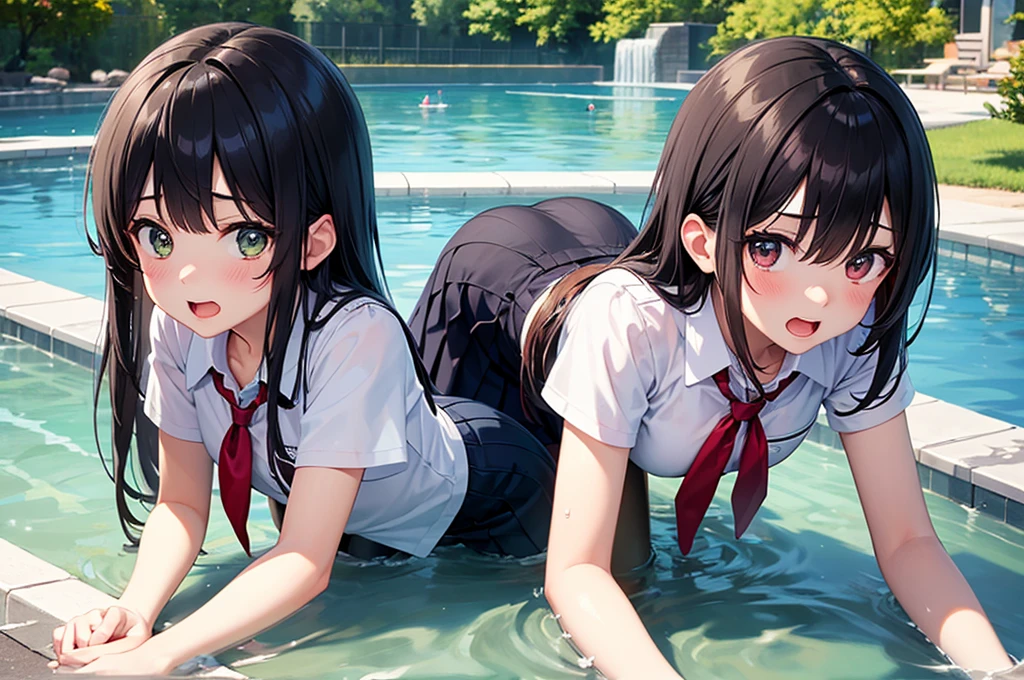 ((Highest quality)), ((masterpiece)), (detailed),Perfect Face,Strong light from the front,With front light,Two naked middle school sisters spread their legs in the school pool and show the camera a close-up of their crotches,