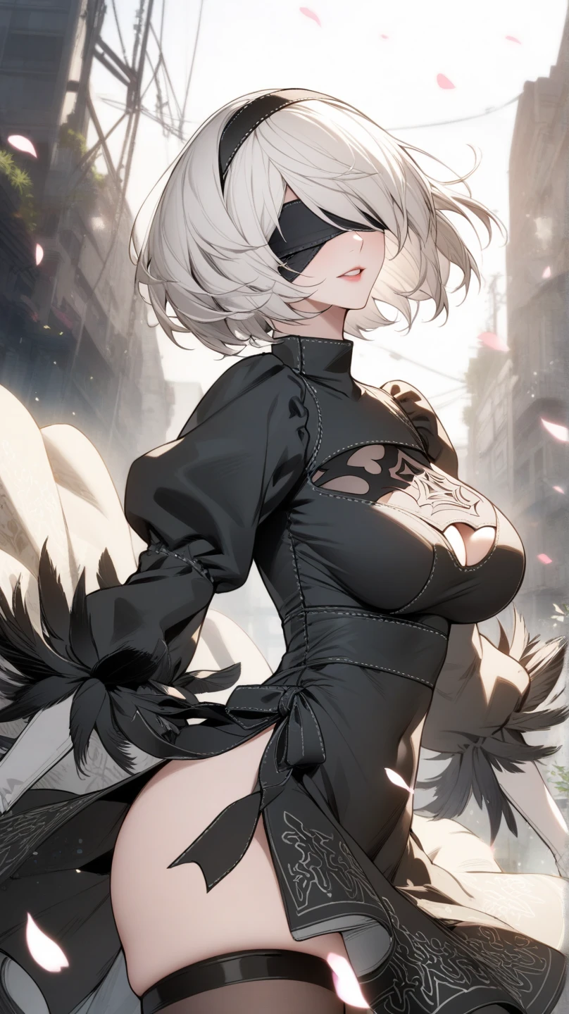 masterpiece, best quality, very aesthetic, absurdres, 1girl, mature_lady,white_dress,(cum_on_body:1.2),,2b_(nier:automata), nier:automata, nier_(series), 1girl, short_hair, white_hair, covered_eyes, black_blindfold, black_hairband, hairband,,in a plaza,floating_hair,