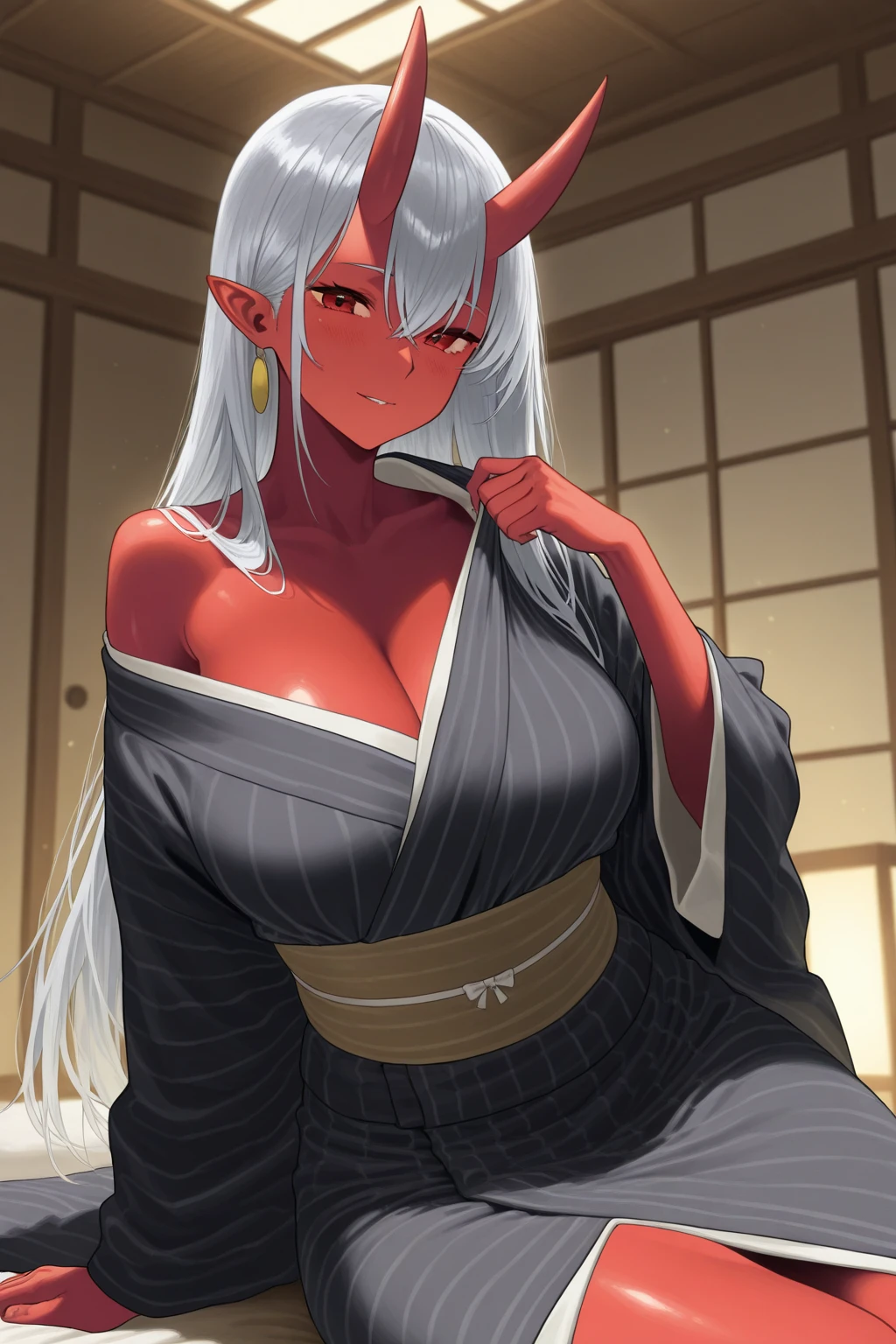 Kimono, huge tits, busty, silver hair, elf ears,  blue eyes, long hair,  detailed, masterpiece, best quality, 4K, HDR, shrine, upperbody, emotionless,