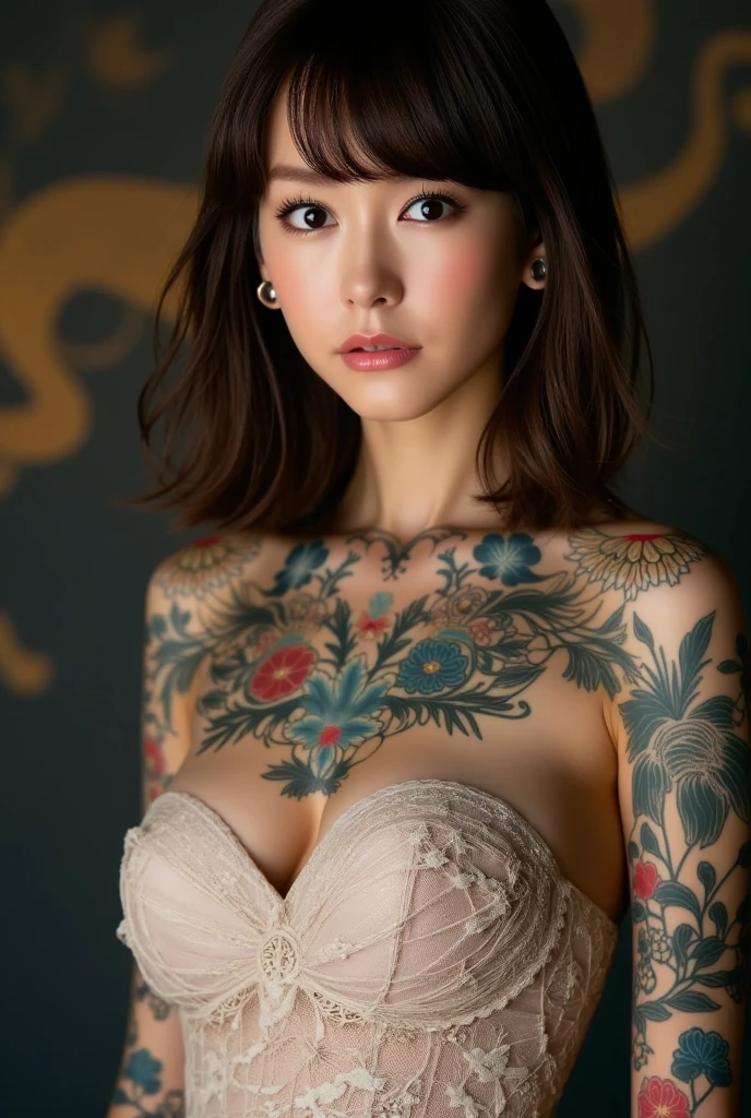 Anime-style woman, thin, thin, whole body, Full of tattoos, Lots of earrings, Beautiful and shiny hair, Rainbow Eyes, Slanted Eyes, Wavy Hair, Kind and charming, Expose your shoulders, Delicate and sexy collarbone, Attractive oval face, double eyelid, Pink Lips, Small Nose, Concentrated face, Ultra-high resolution, Very detailed, Graceful posture, Nice, ultra-thin, Tribal tattoo body paint, Glowing Skin, Realistic Background, sunlight