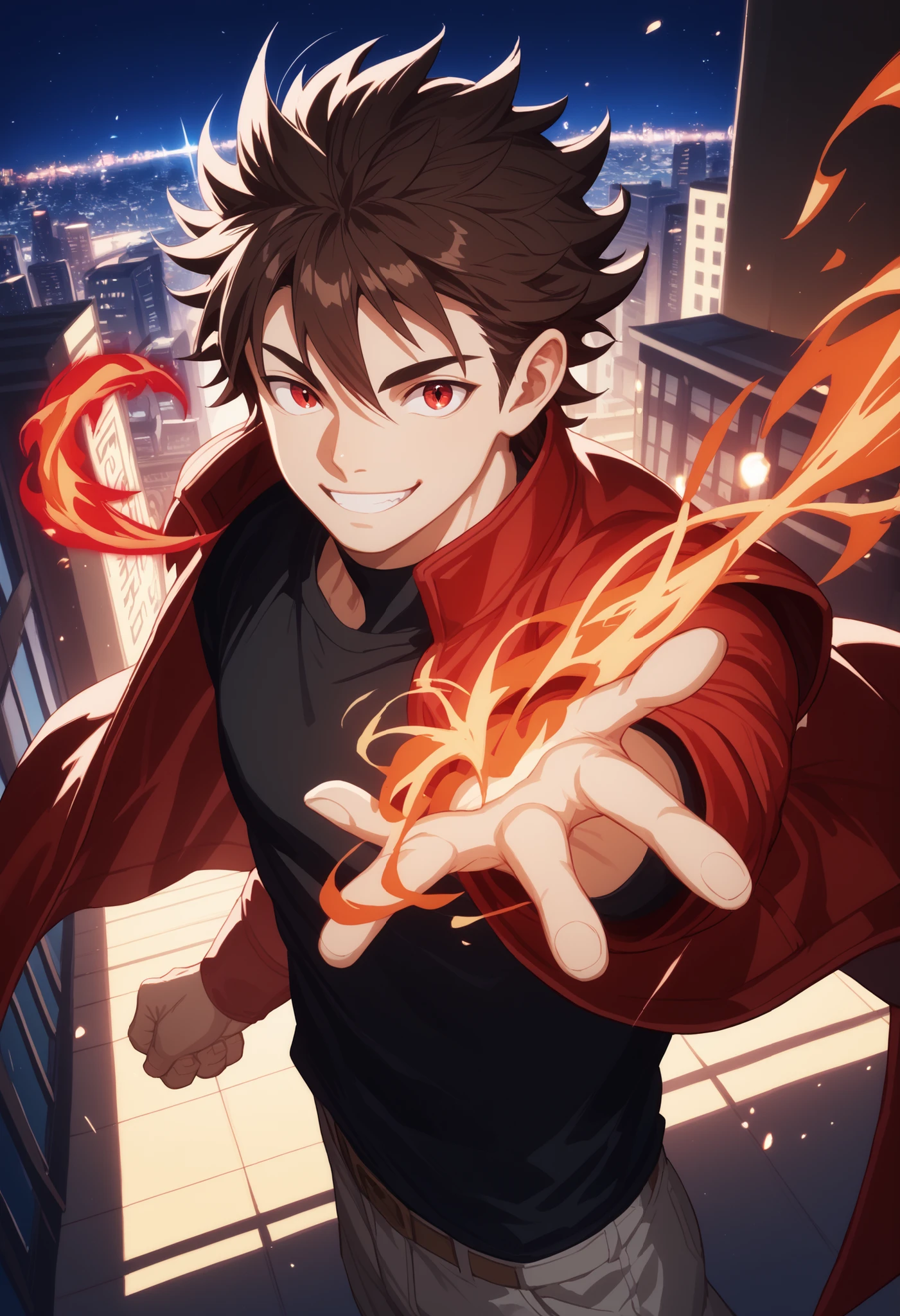 dark brown hair, man, red eyes, white skin, strong, strong physique, black shirt, focus on character, city in background, night, smiling, cheerful, messy hair, looking at viewer, anime style, young, athletic, wizard, Gojou Satoru, Magic, Red magic, Red magic, dragon, Magic dragon, Dragon magic, Dragon monster, Dragon, Red dragon, Fire, side view, red jacket, top view