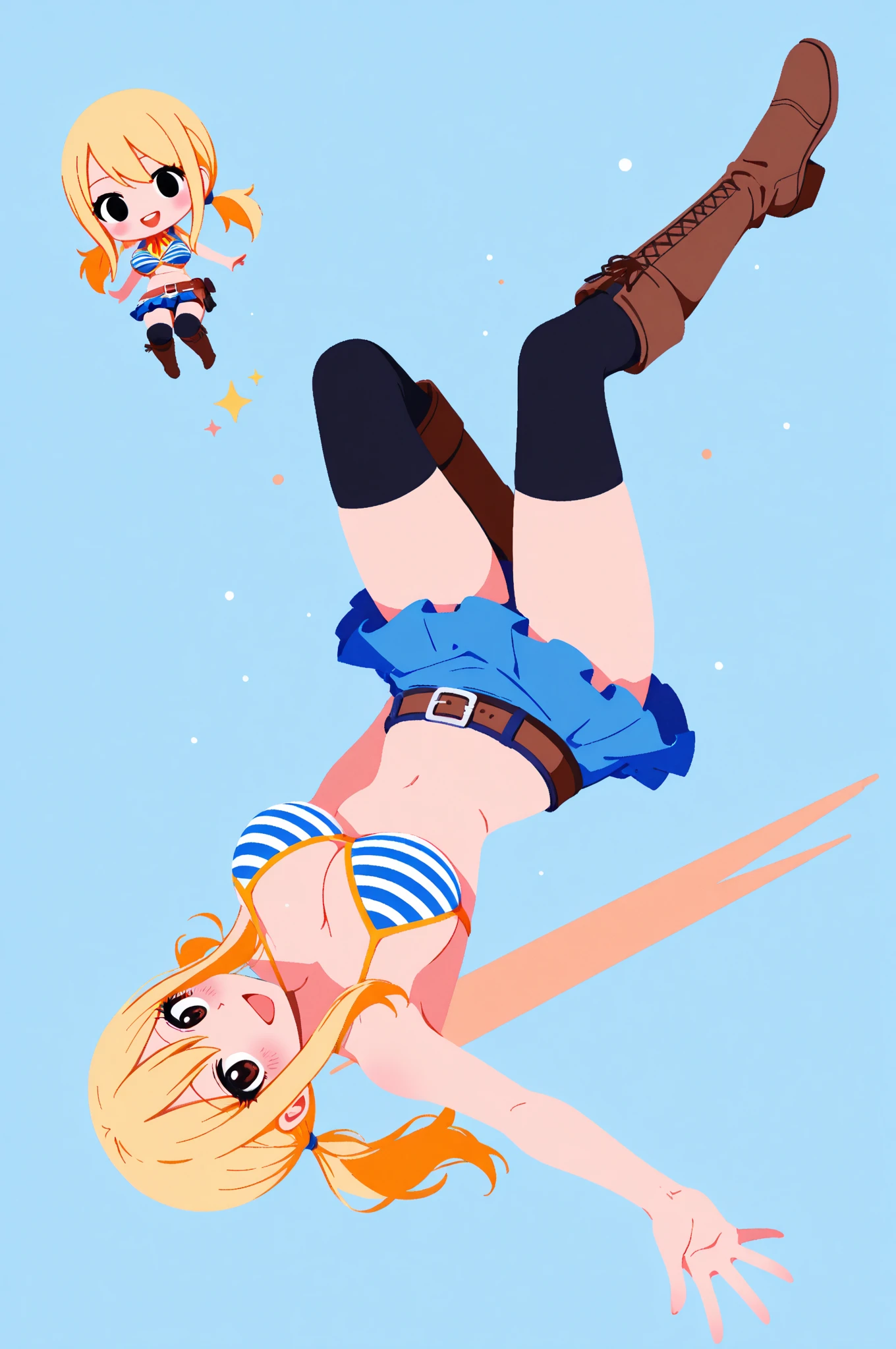 score_9, score_8_up, score_7_up, score_6_up, source_anime, BREAK 1girl, solo, Conis, blonde hair, twin braid, antennae, forehead, blue eyes, wings, red bikini, eyeshadow, smile face, legs focus, thick legs, underbutt, behind, from back, looking at you, grin, standing, florest, lake
