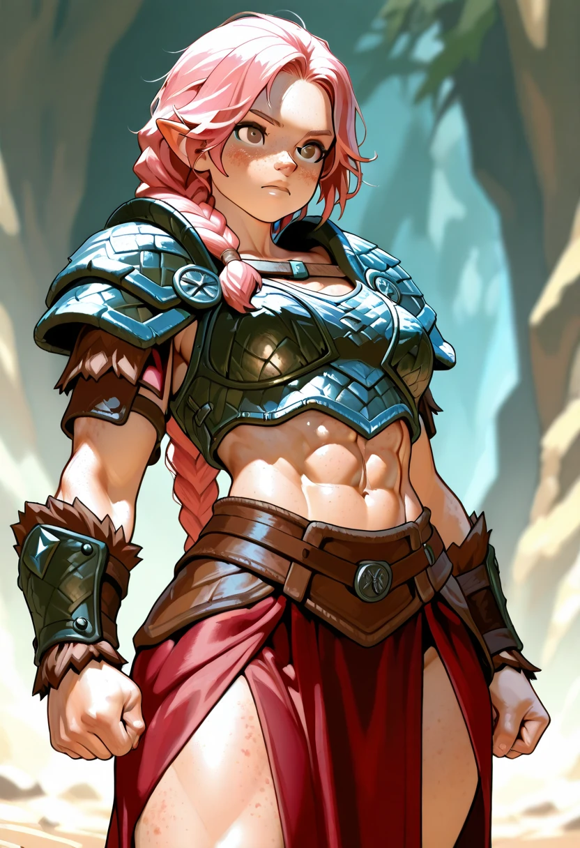 core_9, score_8_up, score_7_up, score_6_up, BREAK 1woman, Wolf female, skinny,big breasts, wearing barbarian armor, in a rocky orange desert terrain, smirking, sweating, holding axe, red hair, wolf mouth