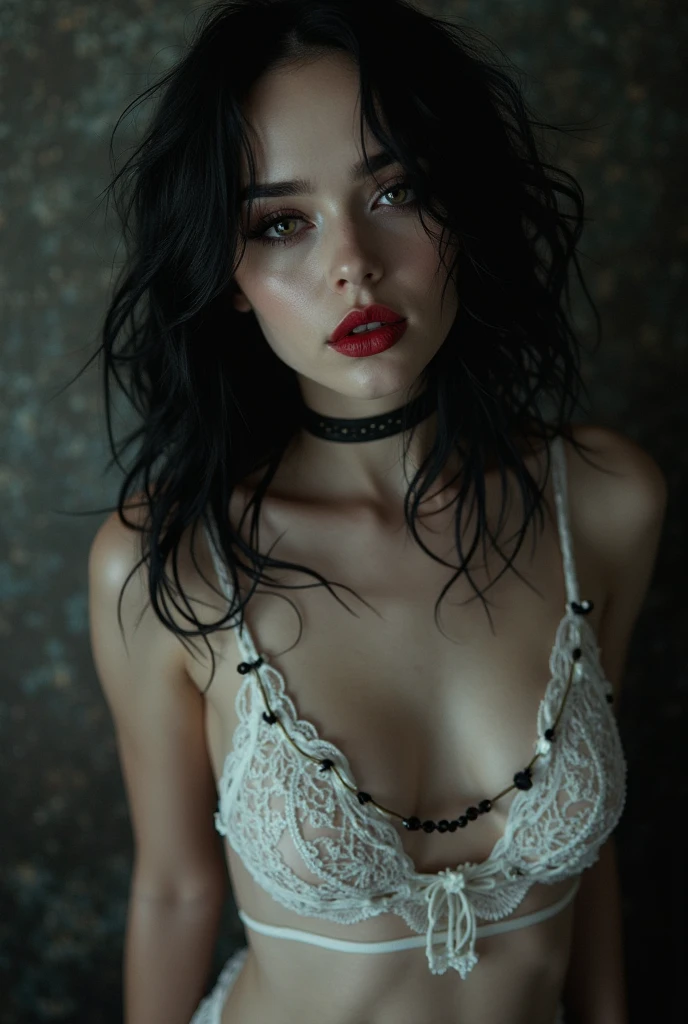 french woman,  Pale skin, 20 Years, Red lips, Long straight black hair, Lace blouse, bare shoulders, prominent bust, jeans negros, thick thighs,  choker Negros, selfie in the mirror of his room, realist, RealDosMix