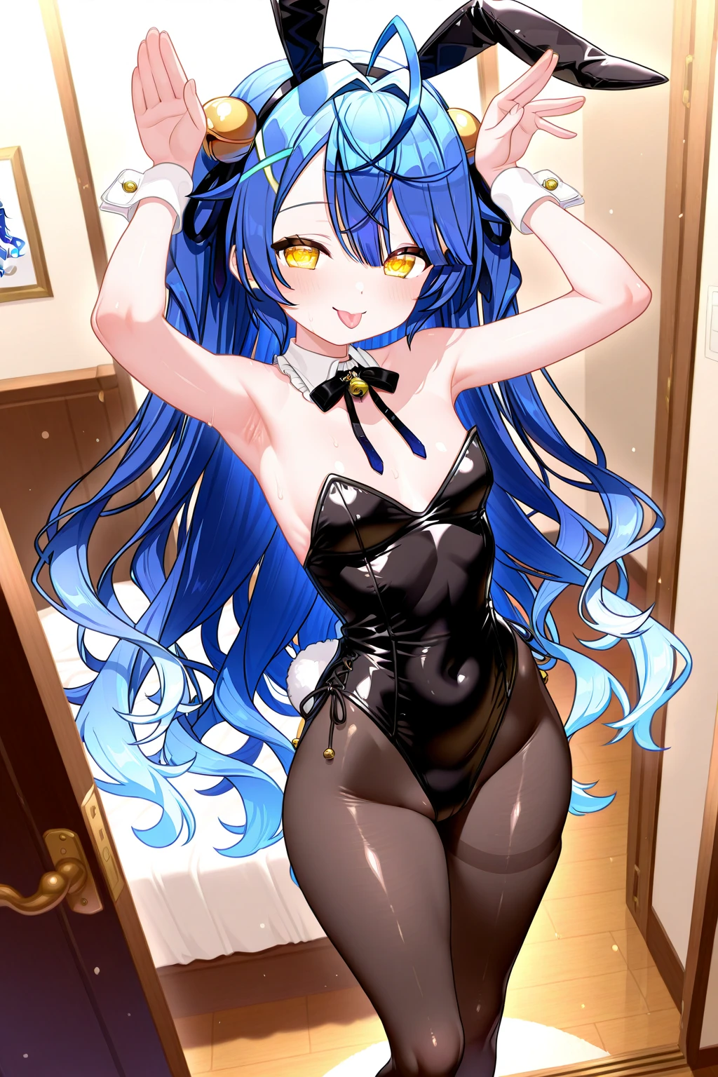 (One very tall woman,Navy Blue Hair,Her hairstyle is twin tails that expose her forehead., yellow eyes,Dynamic Angle)All-black bunny outfit,