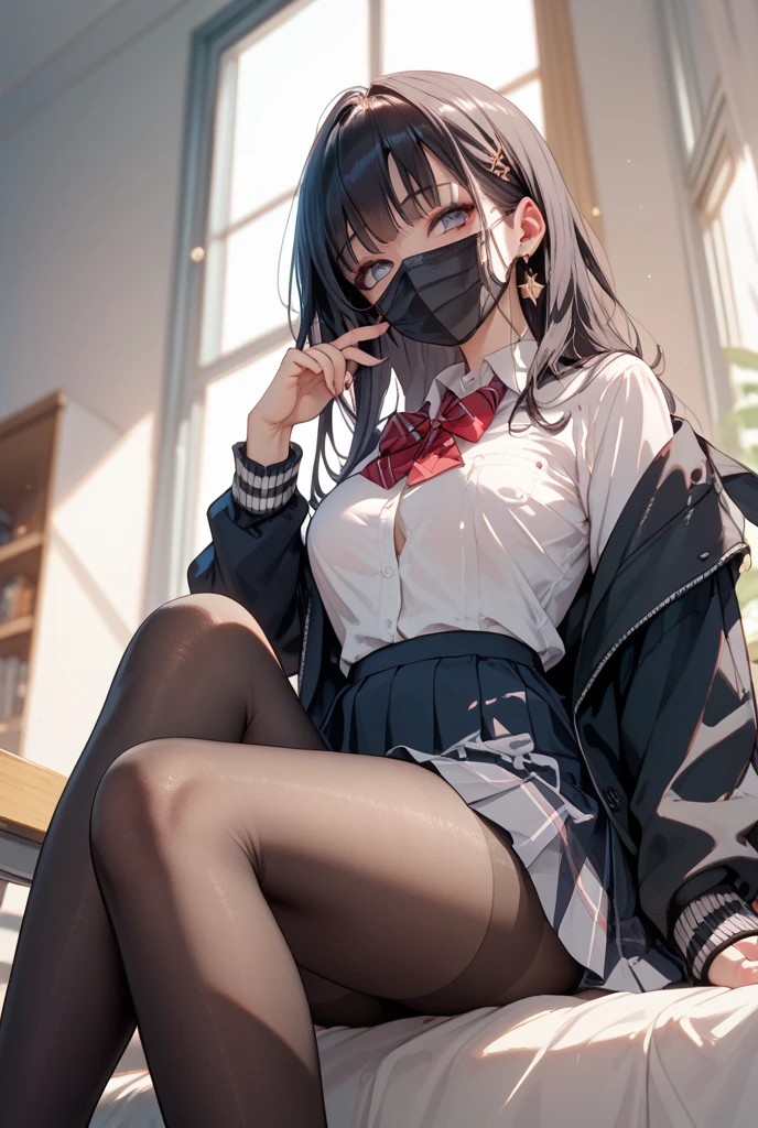 highres，heart-shaped_pupils ，eyeball，open_mouth，blush，crazy，naughty_face ，hand_to_mouth，top-down_bottom-up，spread_legs，gigantic_breasts，curvy，skirt_lift，pantyshot，open_clothes，no_bra，maebari/pasties，babydoll，school_uniform，pleated_skirt，miniskirt	，condom，black_thighhighs，high_heels，mask，panty_pull