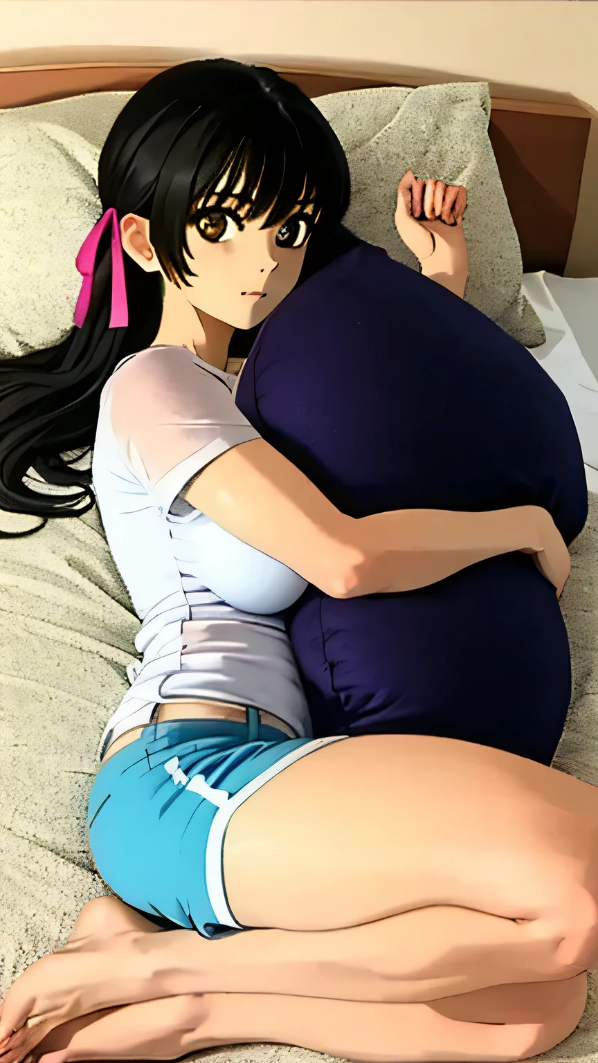 (masterpiece, best quality), high resolution, 8k:1.2), (anime coloring:1.2), highly detailed, beautiful eyes, perfect eyes, fine eyes, brown eyes, featuring big highlights, detailed face, highly detailed, fine eyes, symmetrical eyes, highly detailed, perfect face, beautiful eyes, perfect eyes, detailed face, highly detailed, symmetrical eyes, beautiful face, perfect body, beautiful body, beautiful , (perfect hairstyle), kaede, 1 girl, solo, hair ribbon, black hair, long hair, bangs, (), ((expressionless)), (bed, lying, pillow hug, barefoot, blush, hugging pose), (shirt, short sleeves, shorts), (full body), dutch angle, looking at the viewer,