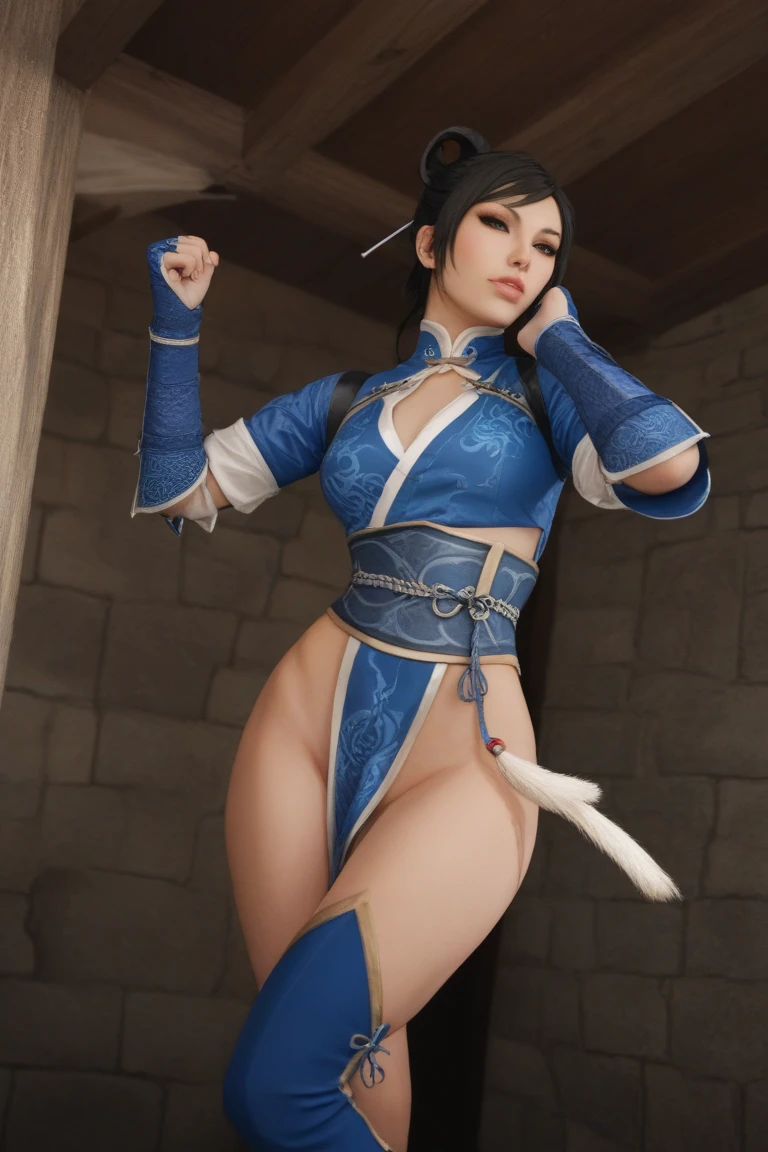((TOTALLY ALONE)), Korra (Avatar The Last Airbender), (always repeats the same face), (always repeats the same appearance), (always repeats the same proportions), (always repeats the same clothes), looking to the camera, completely alone, always shown full body, ogastigo appearance, naughty, charming, making a charm, beautiful, wearing a very short sexy dress with fine lace, diagonal rear view, ass view, round ass, huge ass