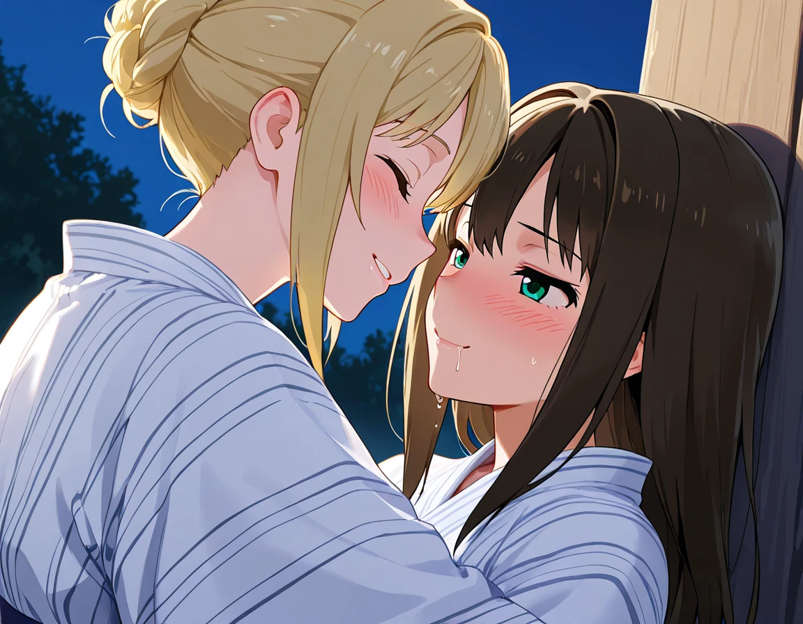 ((Лучшее качество)), ((шедевр)), (подробный), 3 girls , breasts, brown hair, cleavage, closed eyes, dark skin, gradient, gradient background, hand on another's head, licking, long hair, multiple girls, oral, ponytail, , yuri