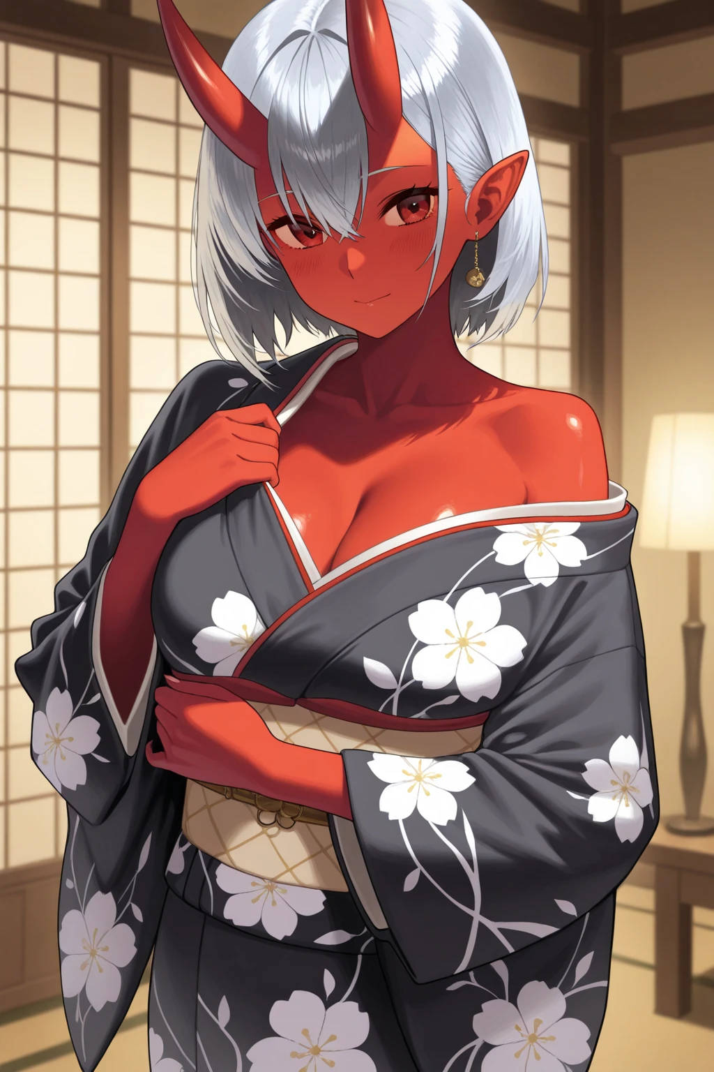 portraits a., beautiful figure (Correct anatomy 1.1), White hair, face close up, full length (Full body 1.1.), one girl, smile, Smirk,  looking at the camera, good feet, waist, night,  Frame from above, From top to bottom, Beautiful waist, Erotica, sexy pose, beautiful body (Correct anatomy), sexy japanese clothing, Japanese style clothing, a demon geisha, Very beautiful face, Woman&#39;s face, beautiful body полностью видно, masterpiece, Best quality, full length (Full body 1.1.), Beautiful waist, good feet, high quality, very detailed face, depth of field, HDR, very detailed, Ray tracing, whole body, dark fantasy, Demon&#39;s tattoo, very beautiful, Beautiful ., 1 girl, solo, I look at the viewer, White hair, hair ornament, Jewelry, closed mouth, green eyes, yellow eyes, japanese clothing, kimono, draw up, pomade, slit pupils, sparkling eyes, wicked, Red lips, hair stick