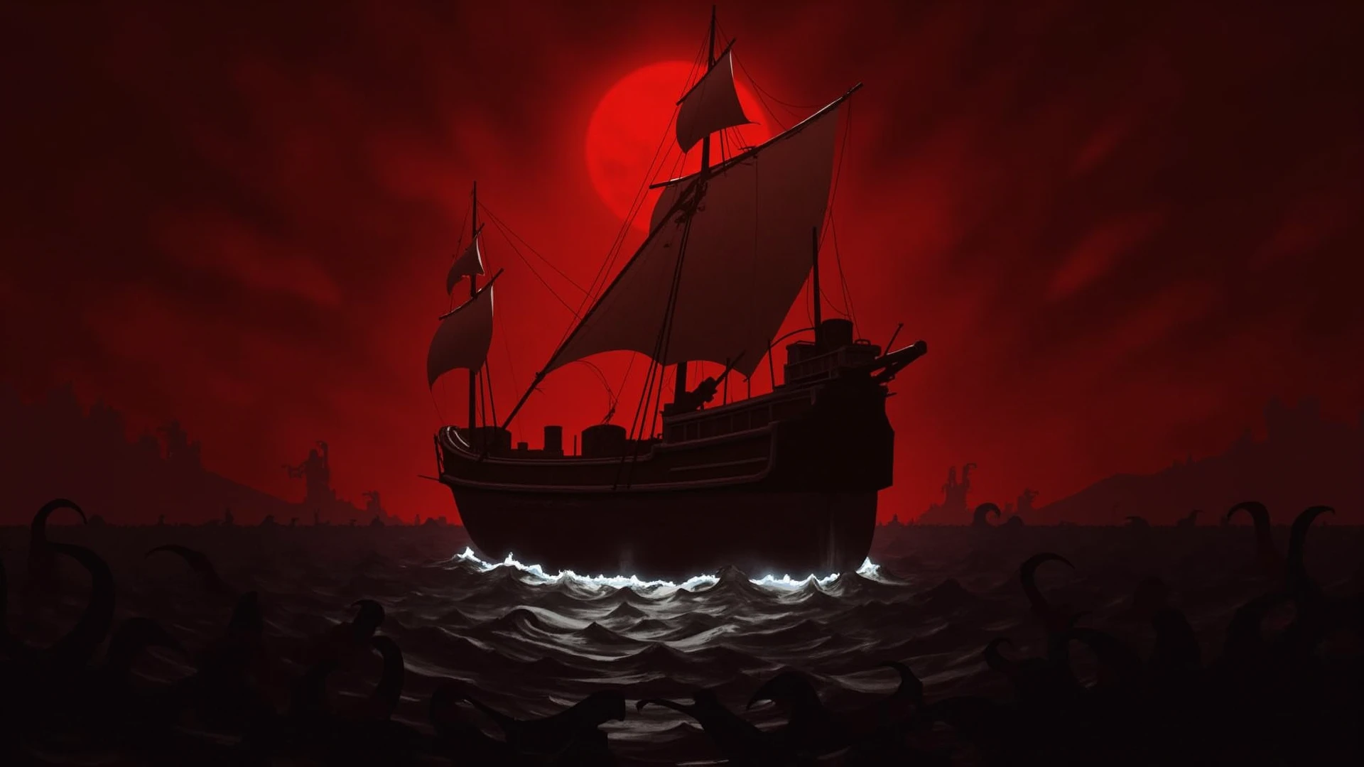 Pirate Galleon, Dark wood, red details on the hull, red skull with horns on the front of the ship, glowing eyes, stormy ocean background, "One Piece-inspired anime features, drenched in dramatic and incredible lighting, dramatic lighting, infused with creative details, ultra-fine 2D design, scenery bathed in creativity, bathed in creativity, boasting HD anime resolution clarity, HD anime graphics, high-octane rendering"