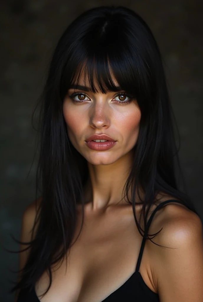 extreme close-up portrait, ultra realistic, photography, long black straight hair, (30 years old, hazel eyes, hourglass figure, perfect fit body, slightly tanned skin, natural big breasts), Long eye lashes, seductive eyes, Award Winning Glamour Photograph extremely detailed award winning glamour photograph, front lit, HDR, she wears a tight roundneck t-shirt, she has a flirty look and her lips are slightly parted,
