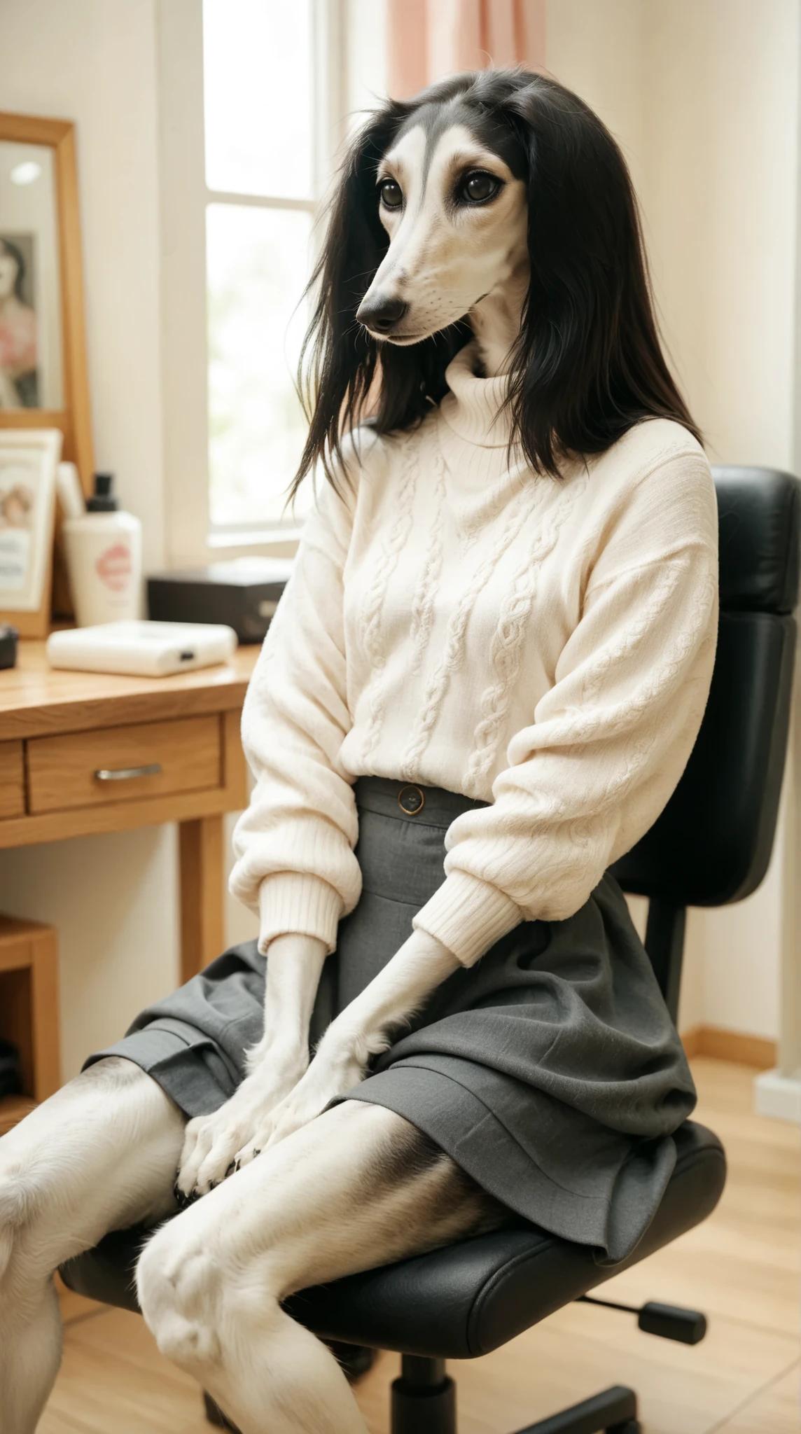 a girl sitting in a salon chair getting her hair dyed. Set in a Hair Salon. saluki, sighthound, black fur, paws, sweater blouse, cute skirt