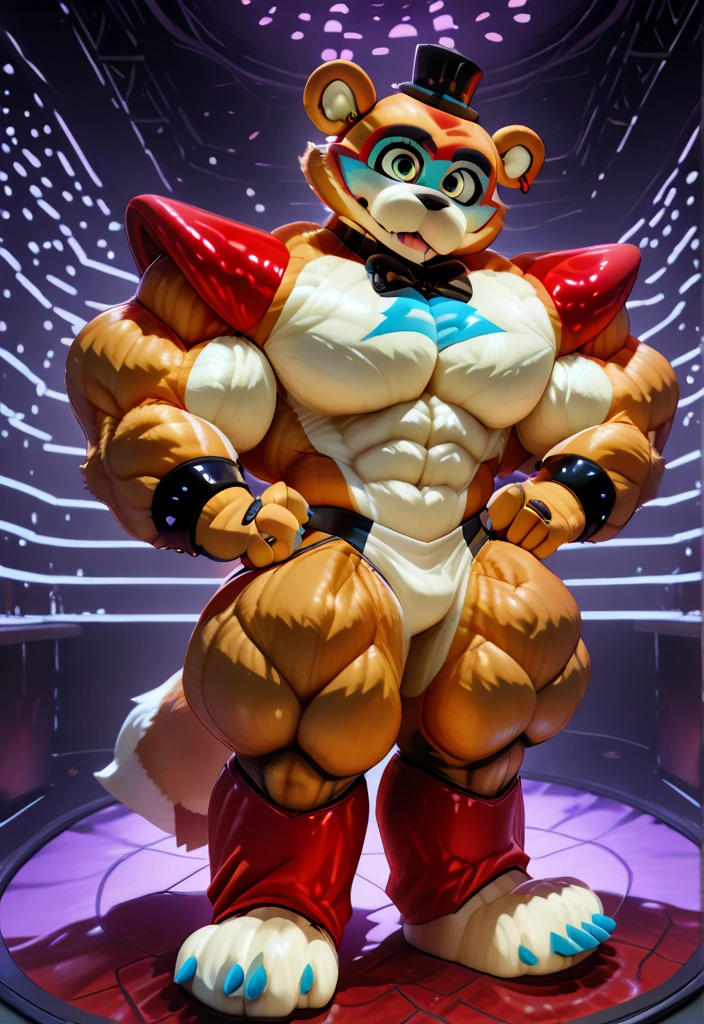 Glamrock Freddy overly muscular crouching pole dancing in a nightclub wearing only a thong having a smug smile 