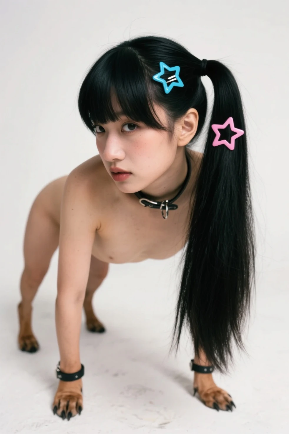 1 girl, solo, (nsfw), cute redhead 18-year-old girl in twin tails, ((perfect female body)) multiple (rainbow colored hair: 1.2), (beautiful detailed blue eyes: 1.6), (photo realistic eyes: 1.6), happy, Ukrainian, (petite body), ((small hips)), pale white skin, (nudity), (completely ), shiny oily pantyhose, post apocalyptic background, bleak barren desert, very dark cloud covered sky, photo realistic.