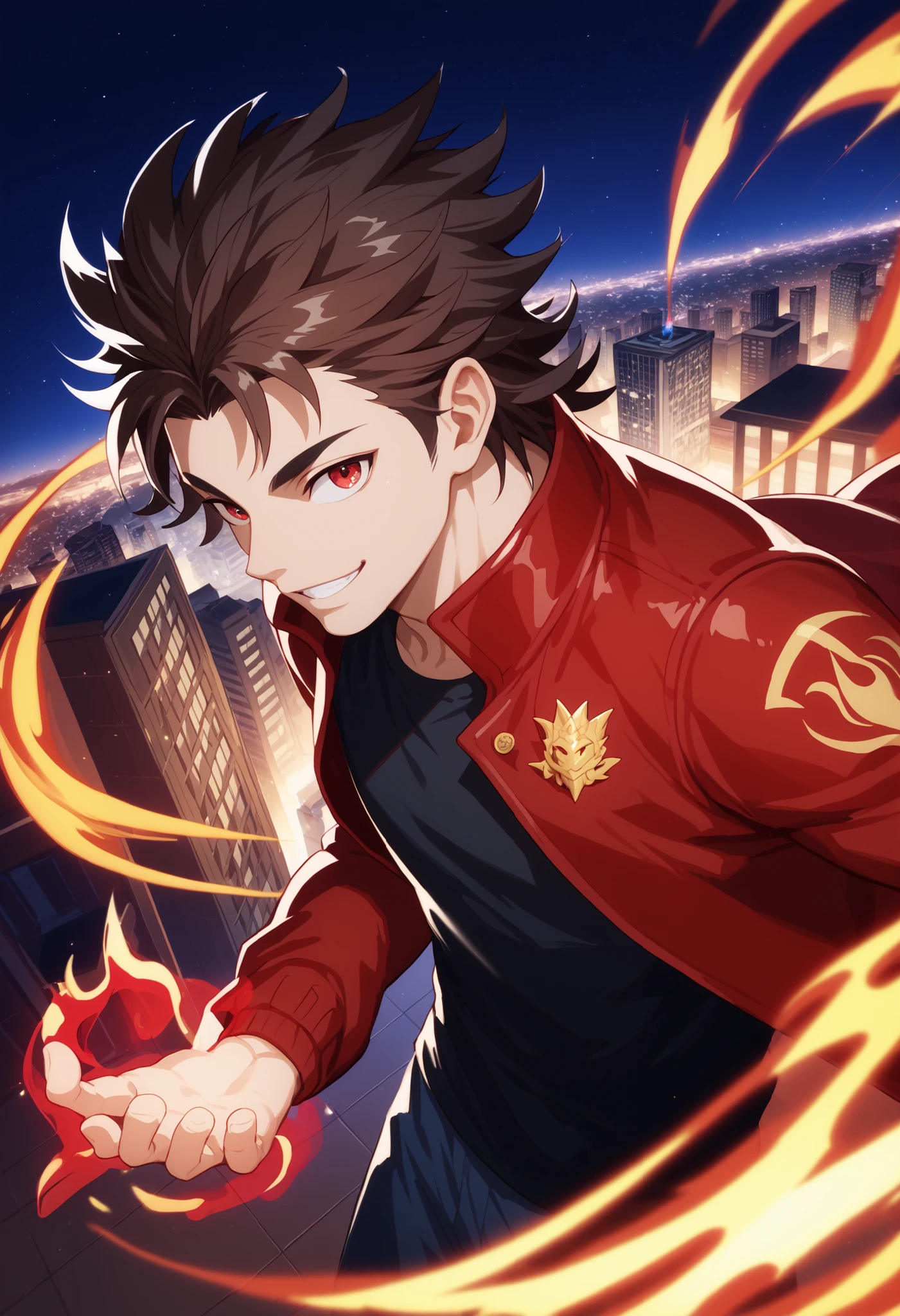 dark brown hair, man, red eyes, white skin, strong, strong physique, black shirt, focus on character, city in background, night, smiling, cheerful, messy hair, looking at viewer, anime style, young, athletic, wizard, Gojou Satoru, Magic, Red magic, Red magic, dragon, Magic dragon, Dragon magic, Dragon monster, Dragon, Red dragon, Fire, side view, red jacket, top view