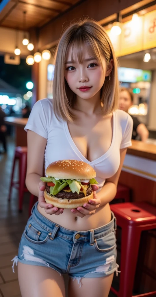 beste-Qualit、шедевр、photo- realistic、8K、4K、Super-High Resolution、dynamic  lighting、Real Lighting、ulzzang -6500-v1. 1:1.2、Waitress looking behind her、Vibesion,Vibration in underwear,I'm numb,I'm panting and handing you a hamburger.、Burger Shop Naked Apron、Panties、Background of working behind the cash register in a burger shop(nsfw)