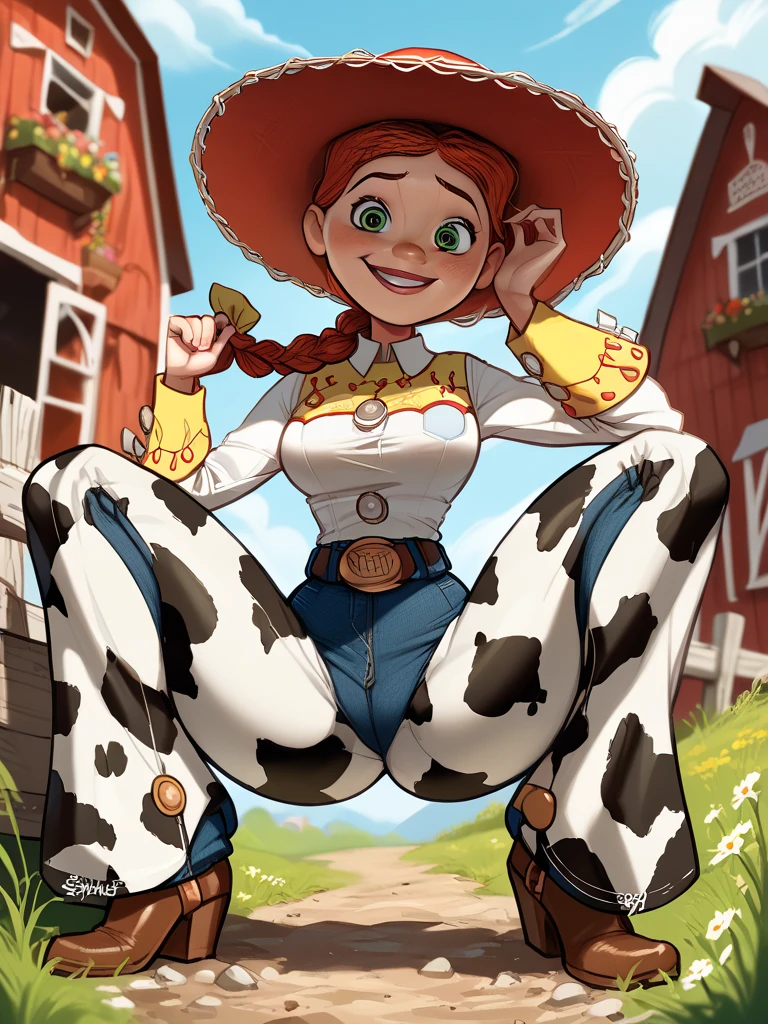 score_9, score_8_up, score_7_up, score_6_up, JessieXLP sitting on the ground, , , smile, nervous, hat, red hair, braid, bow, belt, animal print, cow print, pants, boots, , narrow waist, wide , thick thighs, looking at viewer, cowboy shot, cartoon, dynamic pose, smile, cute, wide shot, solo, farm, disney, from below, dutch angle, 
 <lora:JessieXLP_character:1>  <lora:Bonifasco_PonyXL_v1:0.8>