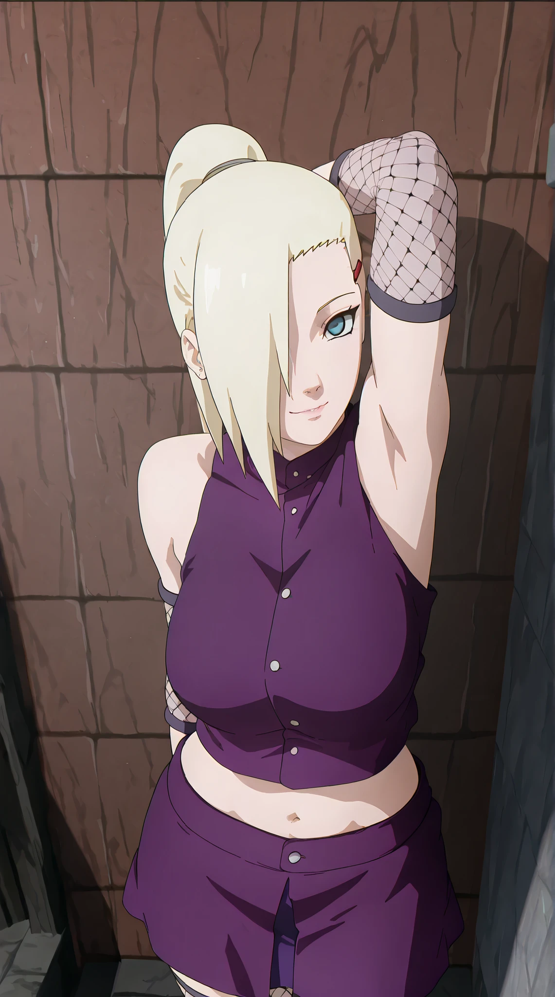 there is a beautiful woman in a purple top and purple pants posing sensualy in the back alley of the village for seducting, inspired by INO, rendered in sfm, yamanaka ino from naruto, anime styled 2d, cinematic bust shot, ino yamanaka, looking like ino yamanaka, anime art style, 3d anime girl, (nsfw) not safe for work, high detailed skin, looking at viewer with seductive expression, yamanaka ino, hair over one eye, blonde hair, long hair, ponytail, blue eyes, hairclip, sleeveless, bare shoulders, crop top, fishnet sleeves, purple shirt, midriff, purple skirt, fishnet thighhighs, 3d cgi render