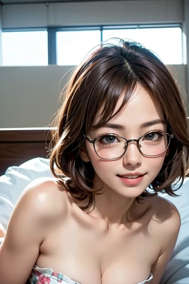 1 female,20th generation,round glasses,short bob hair,nude,blonde,Moist eyes,looking at the viewer,cleavage,upper grade,High definition,masterpiece,Highest image quality,8K,Super realistic,Chest and face are visible,sexy,Bend your elbows and place your arms across your chest,Close ~ eyes,open your mouth,stick out tongue,front view,Smaller chest
