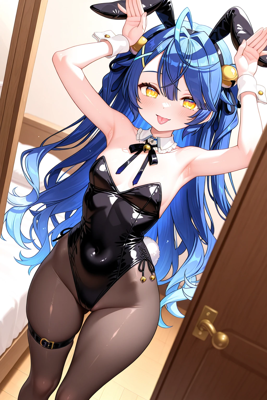 NSFW,One girl,hoshimachi suisei,blue eyes,Blue Hair,choker,Hair between the eyes,Medium Hair,Side Ponytail,スターchoker,Small breasts,China dress,belly button,High heels,Love Hotel,(Perfect hands),(Perfect ???????),(masterpiece),(highest quality)