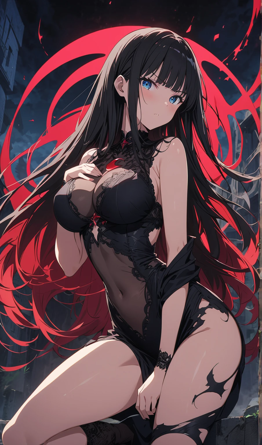 (masterpiece), best quality, highly detailed faces, (SHARP details), 4k, highly detailed, expressive eyes, SHARP detail expressive eyes, (SHARP detail perfect face), ((dark skin)), (bunny ears), (viera), ((black hair)), (choker), amber eyes, ponytail, wild tomboy hair, smiling, standing, ((12 years old)), ((solo)), nice hips, piercings, earrings on bunny ears, (full body shot), jewelry,modern hotel bedroom interior, looking at viewer, ((black lace bra)), black lace panties, (garter belt), black lace stockings, dim light, red light, very small breasts, ((young girl)), (short girl), big expressive eyes, cute, slender, panties aside, pussy, innie pussy