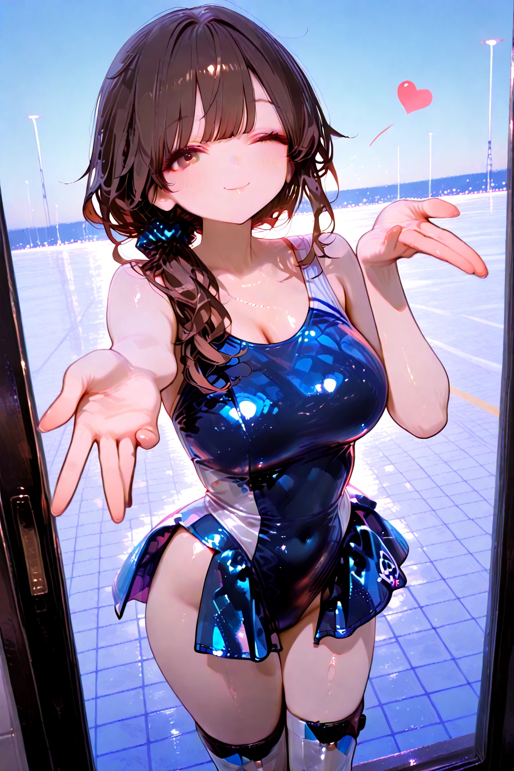 (Colorful magazine cover with lots of big English letters),((From below:1.2))、(Show off your crotch)、Standing Sexy Pose、Sponsor Logo、Grid Girl、pretty 1girl, top-quality、The ultra -The high-definition、hight resolution、extremely details CG、8K Unit Wallpapers、17 age、Beautiful detailed eyes,( Colossal tits),biomechanical oppai,pigtail hair、zippers、(((Competition swimsuit with lines、Neon Color High Neck Competition Swimwear)))、Sleeveless、(a wet body:1.4)、(Shiny body,:1.6)、 blush, Sweat,be shy、(Ahegao:1.5)、(Stick out your tongue and drool)、red blush、full of shyness、
 information