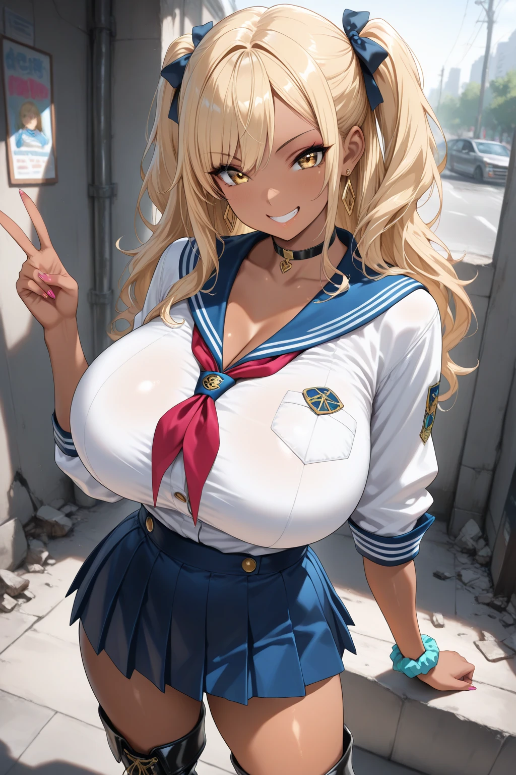 highest quality,wonderful,finely,extremely detailed CG Unity 8K wallpaper, (1 girl,blonde, yellow eyes, low ponytail, Scrunchie, earrings、evil smile), (grin and laugh:1.1), ((brown skin:1.2), (huge breasts:1.1),(sailor uniform:1.3), (bra lift:1.2), (zettai ryouiki:1.4)