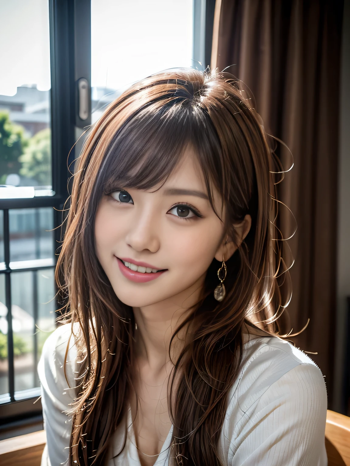 Full Body Angle、((highest quality, 8K, masterpiece: 1.3)), concentrated: 1.2, Cute girl 1,Nipples erect、 Perfect beauty: 1.4,Crisscross V-neck T-shirt, Casual summer short sleeve t-shirt: 1.2,Long sleeve、Randall Color、comics&Text Graphics、Black ruffle-trimmed drawstring zip blouse,1.1, Highly detailed face and skin textures, Fine grain, double eyelid, whitening skin, ,highest quality,Ultra-high resolution,you,1 girl,alone,_Shiny_skin,Iris,necklace,((Brown_length_Wavy_hair)),(lips)),eyelash,Front hair,deal with,compensate,Shiny,pore,skin texture,Large Breasts、smiling face、Front hair、garden、