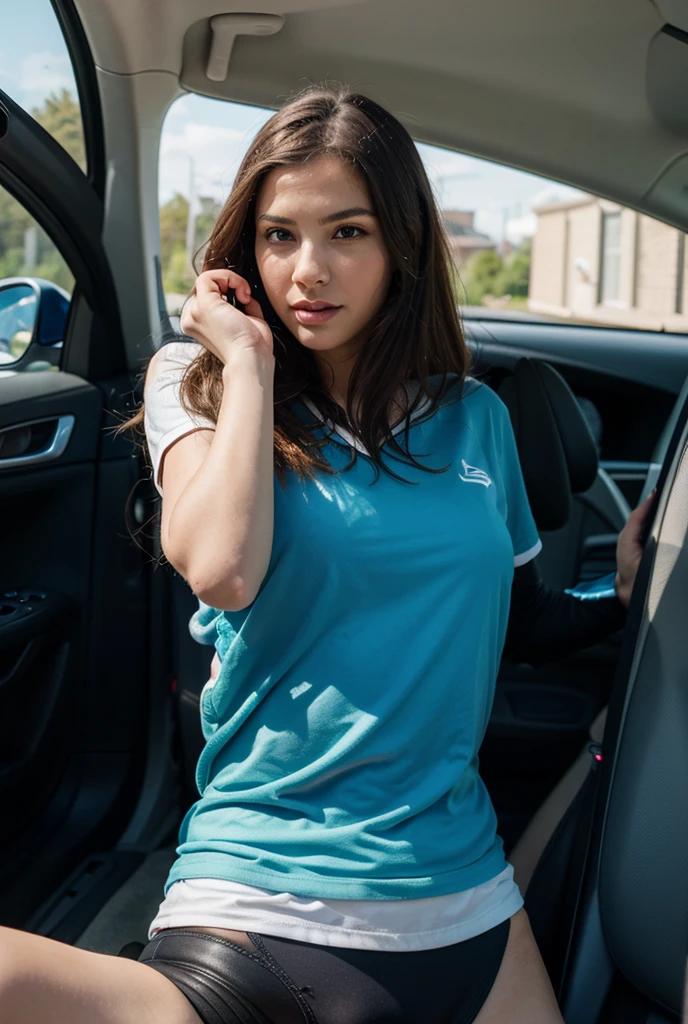 Girl with light brown hair glasses with light blue Mazda 3