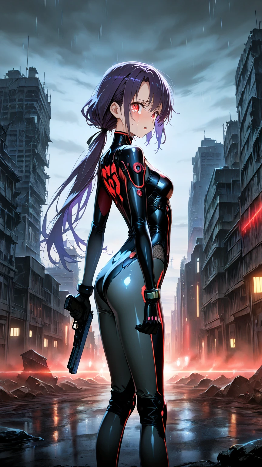 (masterpiece:1.5),(bestquality),highlydetailed,ultra-detailed,1girl,bishoujo,stare,red eyes,(beautiful detailed eyes:1.2),(long hair:0.8),(white hair:silver_hair:0.5),(Wing-like bangs:ahoge),Dull hair,(Medium chest: C cup:0.7),Hair rings,braid,cold,Anime girl standing on windowsill of city with gun, Anime cyberpunk moderno, cyberpunk anime art, cyberpunk anime girl mech, anime cyberpunk art, cyberpunk anime girl, Digital cyberpunk anime art, female cyberpunk anime girl, modern sci-fi anime, anime cyberpunk, digitl cyberpunk - anime art, In animation《Fantasma na Concha》Curly, gits anime
