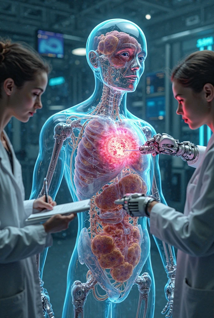Digital artwork featuring a surreal and intense scene. The layout is a close-up view of a hospital room with a patient lying in bed and a doctor attending to them. The patient has short, white hair and pale skin, and is wearing a white hospital gown. The doctor, with long dark hair tied back, is dressed in a white lab coat and is using a stethoscope. The most striking element is a fiery, skeletal figure with glowing orange and red flames emanating from its body, placing a hand on the patient's chest. The background is dimly lit, emphasizing the dramatic contrast between the fiery figure and the subdued hospital setting. anime, anatomically correct, super detailed, high quality, 4K, high details, super detailed, 4k