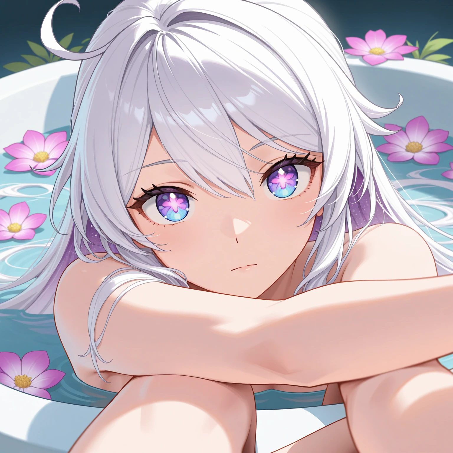 1girl, white hair, purple eyes, portrait, realistic, towel, (onsen), sidelighting, wallpaper, nsfw,