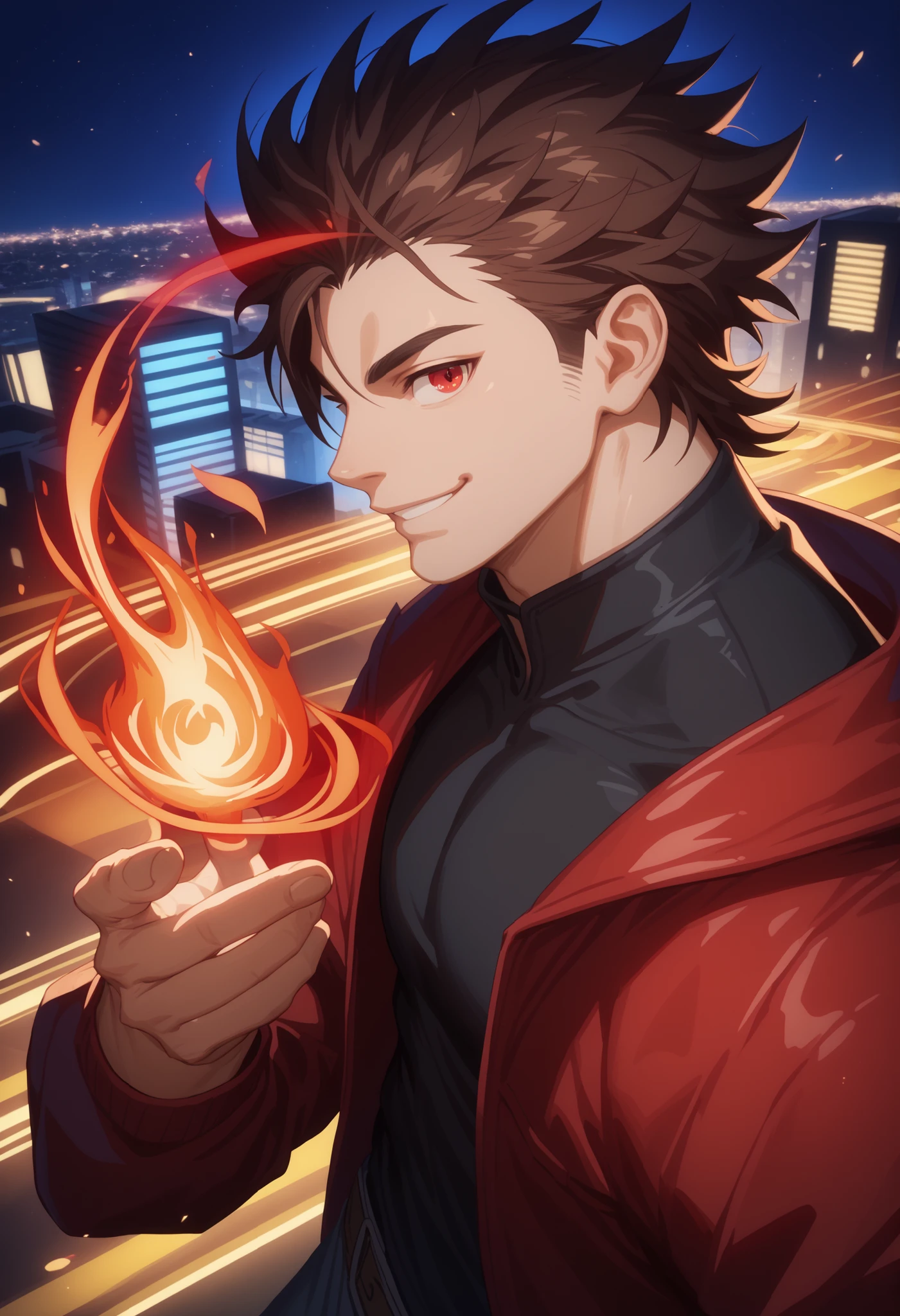 dark brown hair, man, red eyes, white skin, strong, strong physique, black shirt, focus on character, city in background, night, smiling, cheerful, messy hair, looking at viewer, anime style, young, athletic, wizard, Gojou Satoru, Magic, Red magic, Red magic, dragon, Magic dragon, Dragon magic, Dragon monster, Dragon, Red dragon, Fire, side view, red jacket, top view, solo, saturn