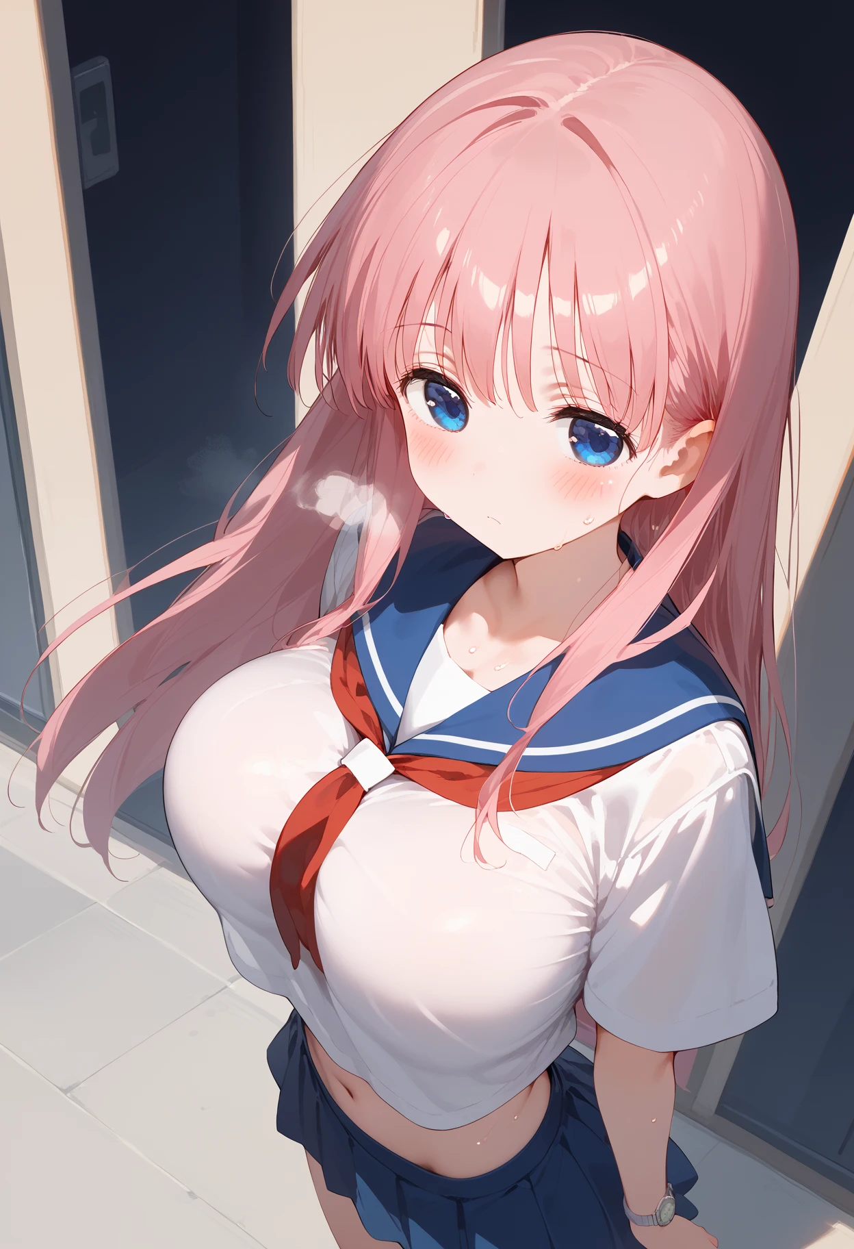 Best Quality,Beautiful Eyes,Very cute face,Beautiful Anime Girl,(Solo Girl),(gigantic breasts:1.5),(large breasts:1.2),(huge breasts:1.2),(big breasts:1.2),(mega breasts:1.2),(Pink hair),(low twintails:1.4),(Light blue eyes),Very happy smile,BREAK,(Wet sailor suit,Short sleeve,Wet pleated skirt,Wet Hair,Wet body,Covered breasts:1.4),Rain Background,A girl taking shelter from the rain at a bus stop,Cowboy Shot