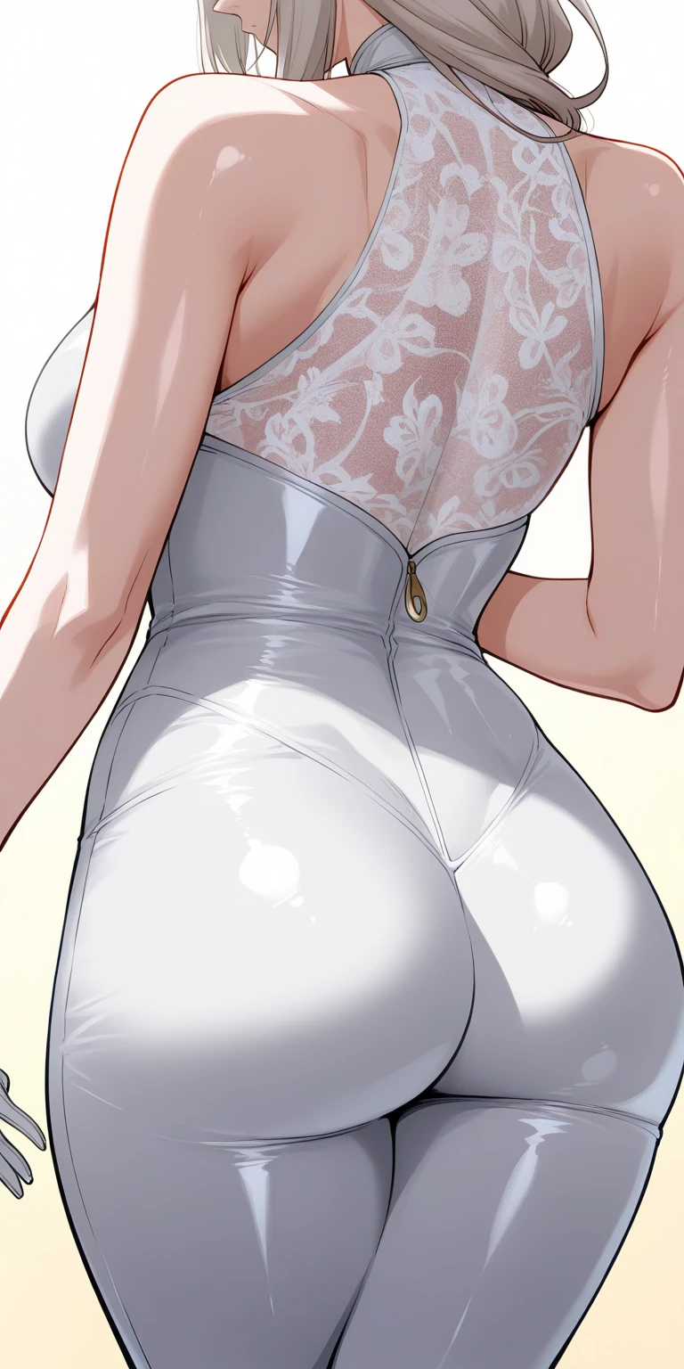 Alafia wears a see-through top and white pants,Leaning against the wall, view From the back, Wear tight, simple clothing, Tights, Thick thigs, only, Rear view, From the back看, From the back看, back and white, Thick, see through, From the back, view, Curvy buttocks, Tights,High heel