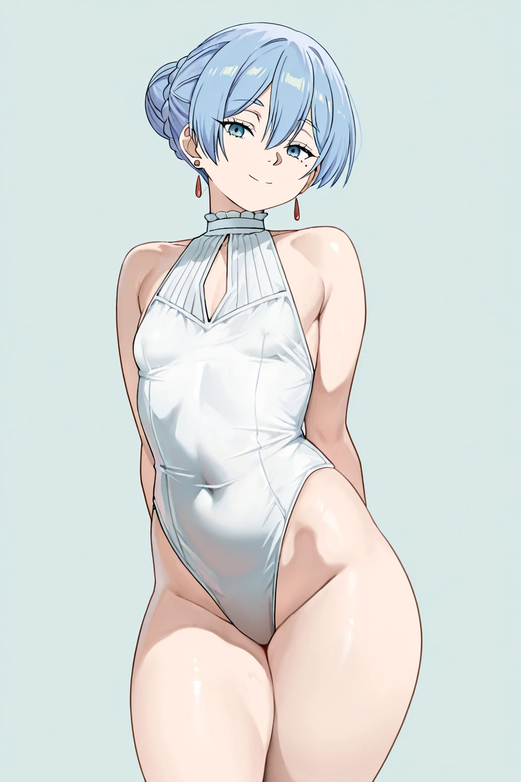 Top quality, (masterpiece: 1.2), very detailed, own room, 1 girl, solo, (muse), smile, watching the viewer, gray hair, circle of angels, short hair, hair ornament, green eyes, light in the eyes, white sailor suit, white underwear, in the middle of changing, realistic, from the knee up, glowing skin, fair skin, (medium breasts) ultra-realistic, realistic, realistic, portrait, blur,