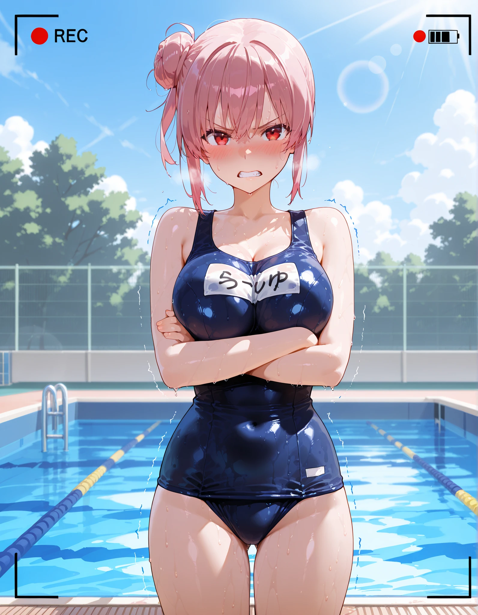 Yuigahama Yui, short hair, (brown eyes), (Pink hair),  single bun hair, 
break 1girl,  (blue school swimwear:1.2), 

break looking at viewer, 
break (masterpiece:1.2), highest quality, High resolution, unity 8k wallpaper,  (beautiful and fine eyes), highly detailed face, perfect lighting, Very detailed CG, (perfect hands, perfect anatomy),

(blush), smile, open mouth, 
(big breasts), 
Poolside, 
upper body, 
