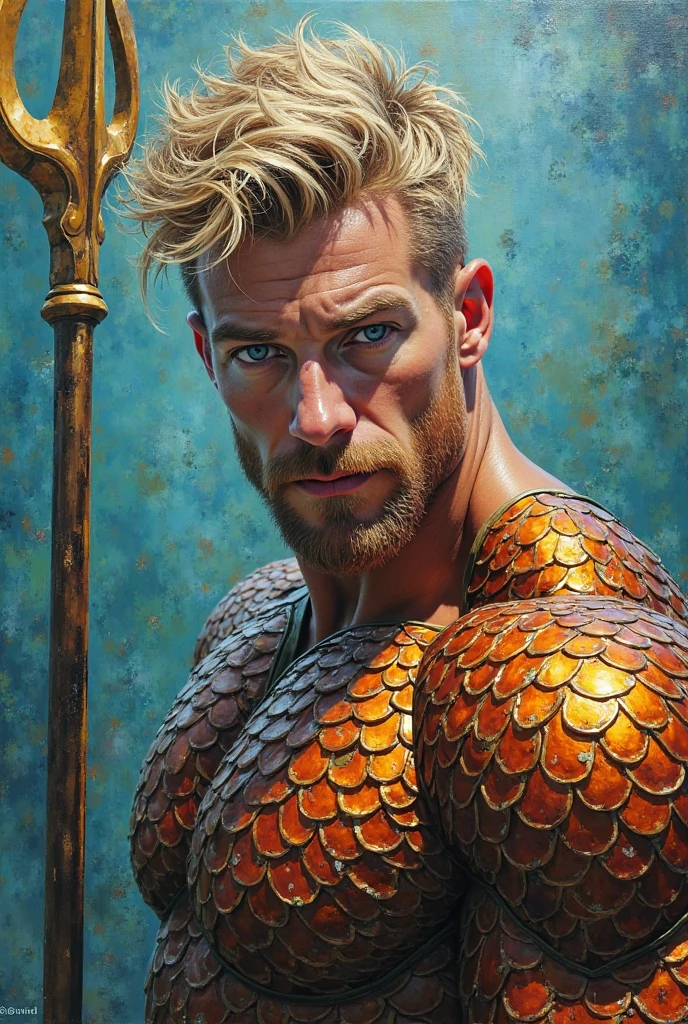 A strong man, short pink hair, short beard, has orange eyes, is under water, He has tattoos all in shades of black, He has a golden trident, realistic drawing style, Focus on face