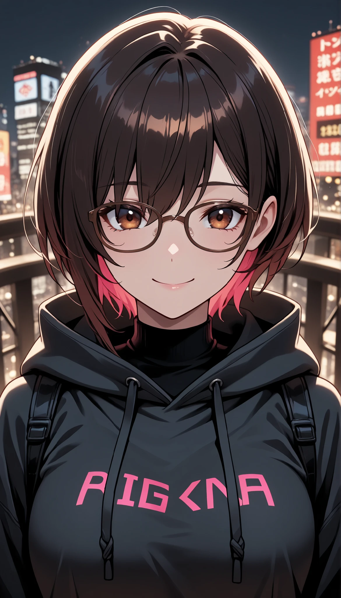 ((solo)), The upper body is visible, hair tacking , 素晴らしいmasterpiece, Top Quality, High Fashion, Extremely ridiculous, HDR, intricate detail, brightly colored, very cute face, masterpiece, 最High Quality, High Quality, ultra detail, Very awa, black short hair in a beautiful Japanese room, brown eyes, Smile Yan, In the beautiful cityscape of Japan, Moderate bust, hoodie, brown glasses