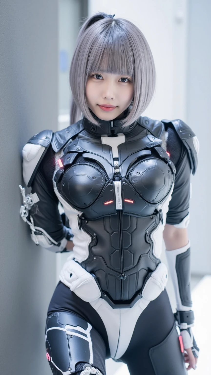 (8k, Realistic, RAW Photos, highest quality: 1.4), (One girl), Final Fantasy character style beauty, (Realistic Face), (boyish, silver berry short hair), (Hold your shotgun)、((Cyber Metal Suit)), A gaze that seduces the viewer, Beautiful expression, Beautiful breasts, (Realistic Skin), Beautiful smile, (soldier), Charm, 超High resolution, Ultra-realistic, High resolution, Composition from below the knees up、Battle Scenes、Cyborg Cyberpunk Suit