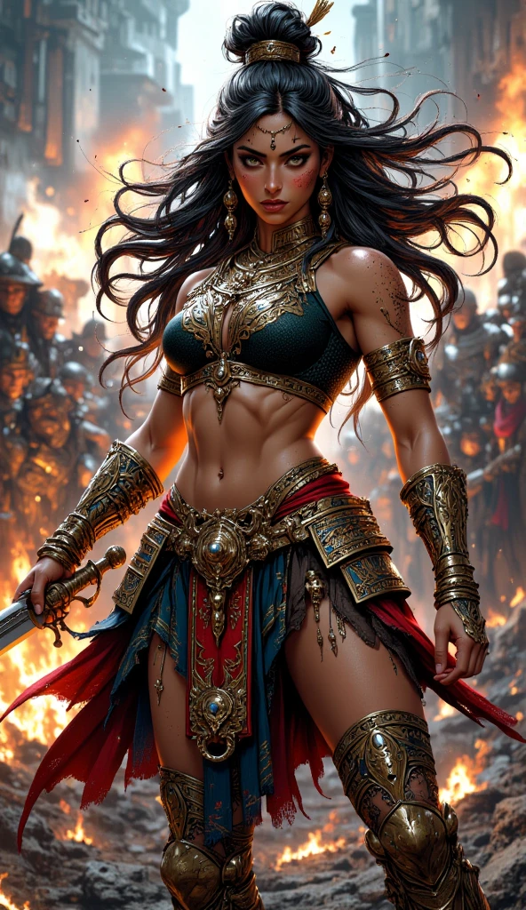 aztec goddess of war, very beautiful In Battle holding her macuahuitl weapon 