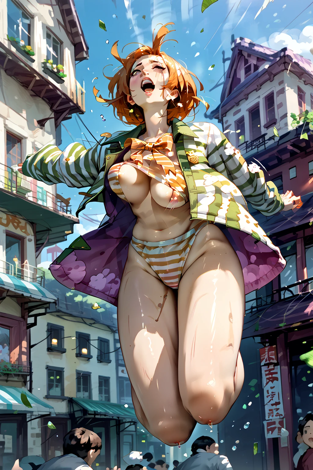 Red hair, Green eyes, long eyelashes, big red lips, Smiling, apricot eyes, beautiful nude, girly, short curly hair, at Sakura Festival